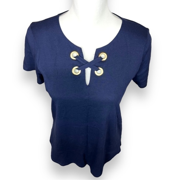 MICHAEL Kors Navy Cross Front Shirt with Gold Accents, Size Small- NWT - Picture 2 of 8